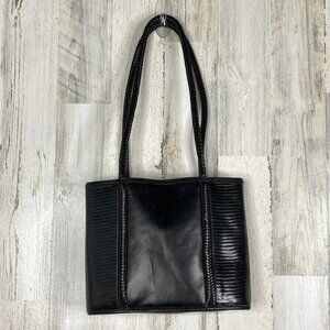 Kaela Womens Black Braided Leather Croc Tote Bag